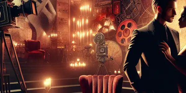 A luxurious film studio scene featuring a romantic couple, vintage cameras, and abstract visuals, evoking allure and intimacy.