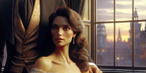 Elegant individuals in a passionate embrace within a luxurious, romantic setting, featuring warm lighting and opulent decor.