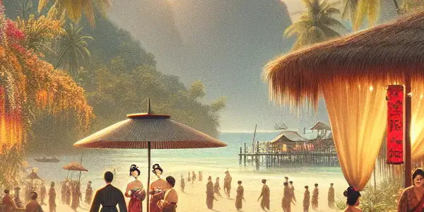 A vibrant tropical scene blending Thai culture and Japanese fashion in an upscale beachside lounge.