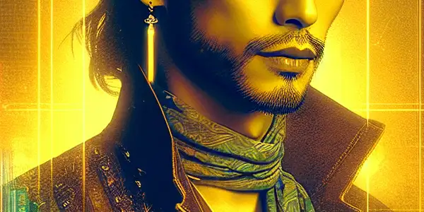 A charismatic man in stylized Japanese attire stands against a vibrant neon-lit cityscape, embodying allure and intrigue.