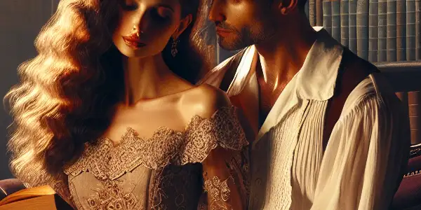 A couple shares an intimate moment in a cozy library, engrossed in an erotic book amidst warm lighting.