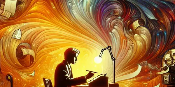 A focused writer at a cluttered desk, surrounded by swirling colors symbolizing passion, joy, and tranquility.