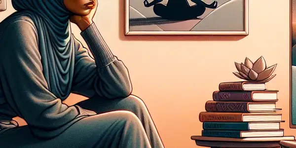 A contemplative person sits on a sofa in a cozy, dimly-lit room surrounded by books and running shoes.