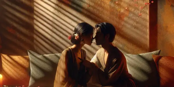 A tender moment between two figures in a cozy, dimly-lit room filled with romantic elements.