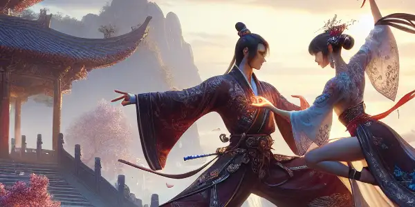 Two elegantly dressed warriors engage in a dynamic martial arts duel amidst a mystical landscape with cherry blossoms.