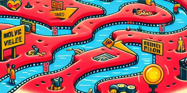 A whimsical, surreal landscape featuring a vibrant map on a watermelon, highlighting various adult film genres with playful icons.