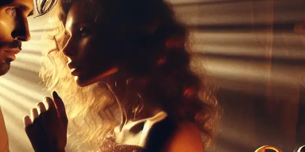 A couple shares an intimate moment in a dimly lit room, reflecting desire and vulnerability amidst a cinematic backdrop.