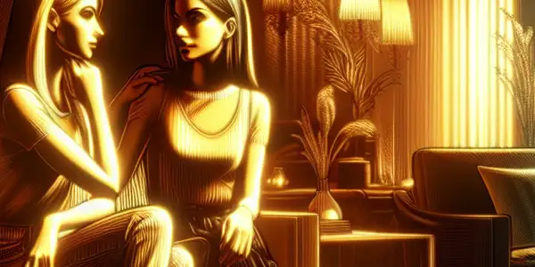 Two sisters playfully interacting in a cozy, dimly lit room, exuding intimacy and warmth.