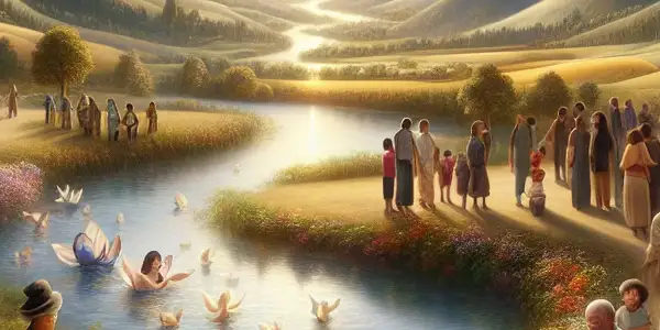 A serene landscape with diverse figures interacting harmoniously, symbolizing unity and positive emotional connections.