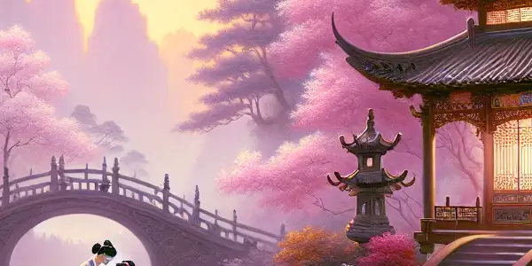 A serene Asian garden with cherry blossoms, featuring elegant figures in traditional attire engaged in a romantic interaction.