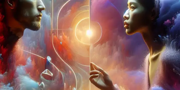 A surreal scene of two characters in a dramatic, emotional interaction amidst a vibrant, abstract background.