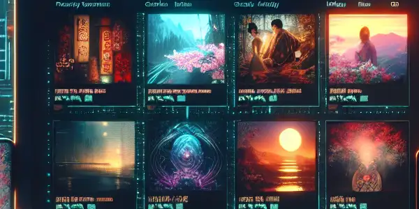 A modern digital platform displaying vibrant thumbnails of Hong Kong and Japanese adult entertainment with Eastern aesthetic elements.