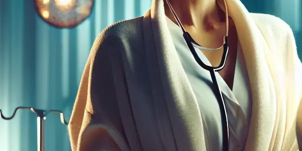 A confident female doctor playfully interacts with a handsome male patient in a dimly lit, modern hospital room.