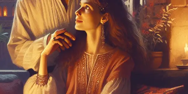 A couple in a tender embrace in a softly lit, intimate room filled with warmth and passion.