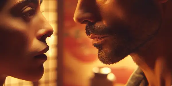 Two actors in an intimate, softly-lit room sharing intense eye contact, conveying deep emotions and vulnerability.