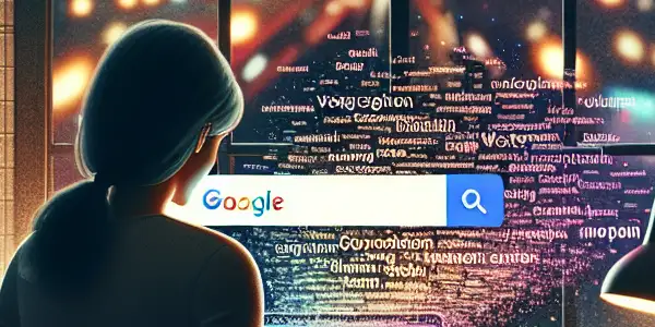 A young person researches adult films in a cozy, dimly-lit room with a laptop, bookshelves, and a city view.