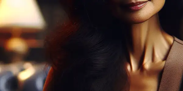 A sophisticated woman in her 40s or 50s, exuding charm in a cozy, dimly lit living room.